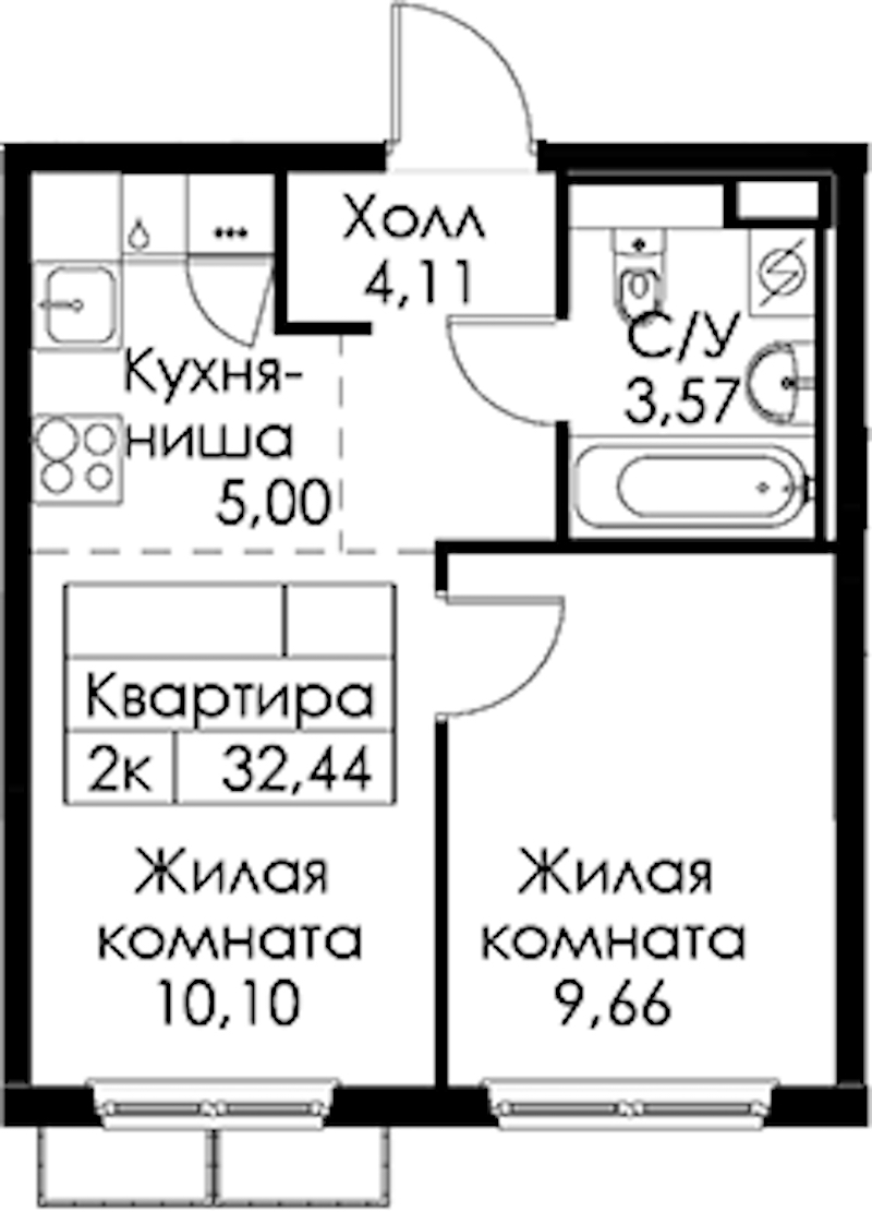 1-комнатная квартира 32.44 м², 8/15 эт., ЖК «Янинский лес»